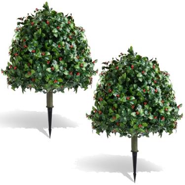 Imagem de 2 peças de arbustos artificiais, spray de azevinho, bagas, folhas de cedro, flores de Natal, decoração de festa em casa, arranjos de guirlanda de Natal, decorações de festa de casamento