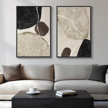 Imagem de Conjunto de 2 arte de parede abstrata neutra emoldurada grande, preta, bege, marrom, impressões de pinturas, pinturas para paredes, imagens minimalistas em forma de pedra para sala de estar, sala de