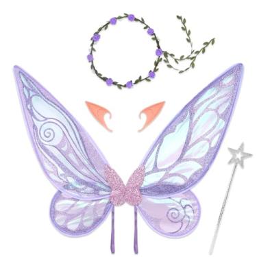 Imagem de ALIBBON Conjunto de fantasia de fada roxa com asas de fada purpurina com coroa floral, orelhas de elfo para mulheres e adultos, acessórios de fantasia de asas de borboleta de organza para festa de