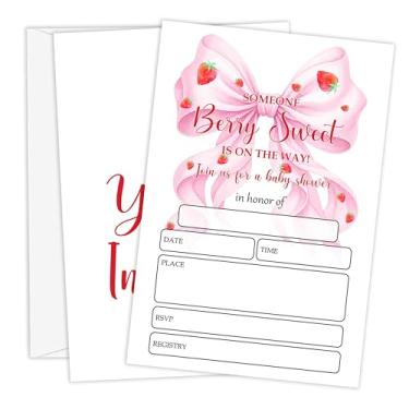 Imagem de Beshoul Convites de chá de bebê para meninas, 10 x 15 cm, convites de chá de bebê com envelopes, arco de morango revelação de gênero suprimentos de decorações de festa - B03