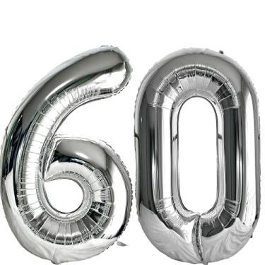 Imagem de FIROMI 60 balões de números prata grande gigante jumbo enorme folha Mylar 60 balões números para festas de aniversário de 60 anos decorações de eventos 101,6 cm