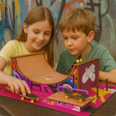 Imagem de Pista de Skate De Dedo Brinquedo em MDF Personalizado Adesivado Infantil Para Crianças Com Rampas