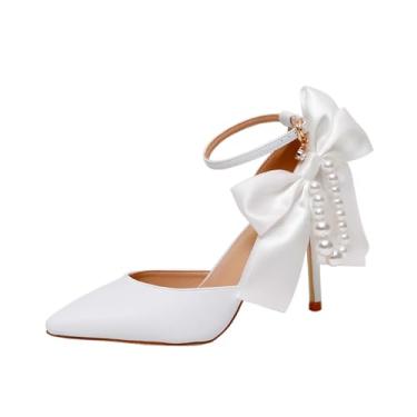 Imagem de STARSHINE RESPLENDENT Sapatos de casamento adornados com laço de fita branca sapatos femininos de couro salto alto com franjas pérolas sandálias femininas de salto médio salto baixo, Salto de 8,89 cm,