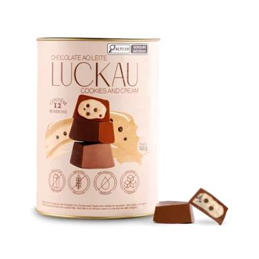 Imagem de Bombom Luckau Chocolate ao Leite Recheado com Creme de Cookie and Cream Lata com 12 unidades - Sem Glúten, Sem Lactose e Sem Açúcar - 198g