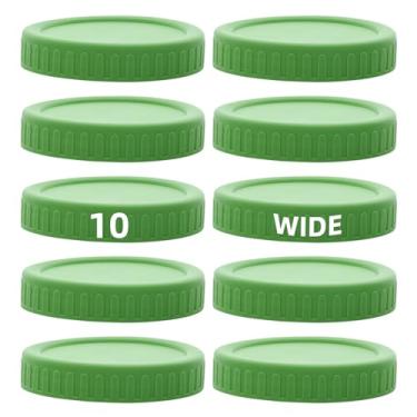 Imagem de 10 tampas verdes de boca larga para mais de 8,5 cm - tampas de armazenamento de plástico branco para potes de conserva de boca larga - à prova de vazamento, grau alimentício, 86 mm (10)