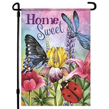 Imagem de Home4Ever Home Sweet Cheerful Spring Garden Flag-12.5 x 18 inch Double-sided Printed Art outdoor Banner with Flowers, Butterfly, Ladybug, and Dragonfly For House Front yard, Porch, Patio - Suits Standard Flag Poles