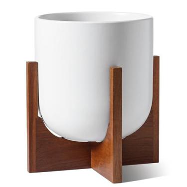Imagem de Vaso para plantas LE TAUCI de 25 cm de cerâmica com suporte de madeira