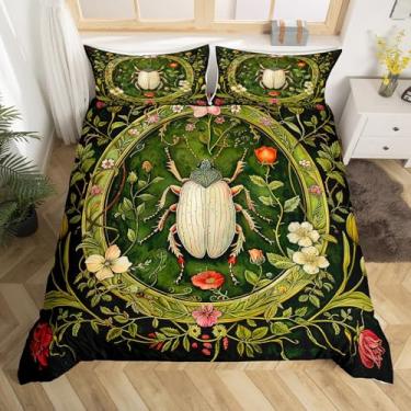 Imagem de Conjunto de cama com tema de inseto natural (sem edredom) para decoração de quarto, animais selvagens, botânico, capa de edredom de microfibra respirável, tamanho casal
