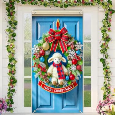 Imagem de BlissYard Capa de porta de Natal, linda guirlanda de cordeiro, 89 x 188 cm, faixa festiva para decoração de parede interna e externa, tecido de poliéster para meninas ou meninos, presentes e capas de