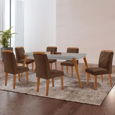 Imagem de Mesa Copper 180cm Mdf Vidro E 6 Cadeiras Melissa Veludo Marrom/off/nat/serig Off Com Vidro