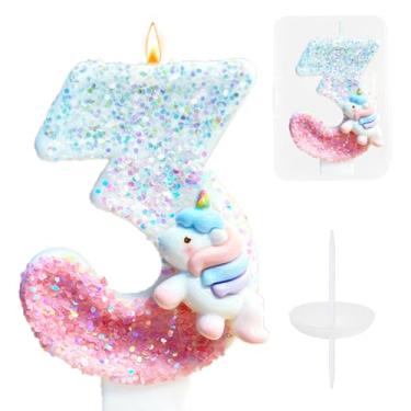Imagem de Vela de bolo de aniversário de unicórnio, topo de bolo número 3 de unicórnio pastel, vela de aniversário de 3 anos, velas de feliz aniversário de 7 cm, topo de bolo para festa de terceira menina