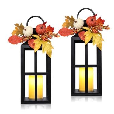 Imagem de Lanternas de outono decorativas para ambientes internos e externos, pacote com 2 lanternas de ação de graças de metal preto, 46 cm, temporizador de colheita, velas de outono, luzes sem chama com