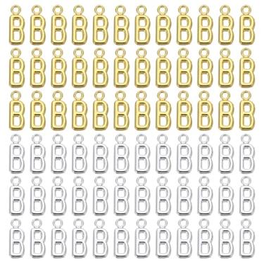 Imagem de YELARXI Pingente de letra A-Z com inicial do alfabeto pingente de liga maiúscula, 0,7 cm de largura, adequado para fazer joias, pulseiras faça você mesmo, colar - B (pacote com 100, prata escura/ouro)