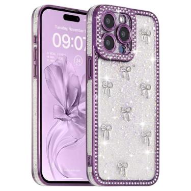 Imagem de FABSPARK Capa para iPhone 14 Pro Max, laço de fita prateada 3D, brilhante, brilhante, brilhante, brilhante, brilhante, transparente, macio para iPhone 14 Pro Max - laço roxo/prata