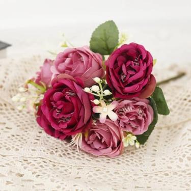 Imagem de Flores artificiais de peônia de seda, buquê de rosas, decoração de casa e natal, arranjos florais falsos para casamento, jardim, guirlanda, acessórios para festa faça você mesmo (rosa)