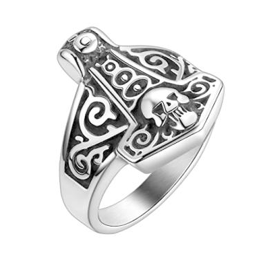 Imagem de Anéis Viking nórdicos masculinos - amuleto de aço inoxidável vintage nó celta nórdico Valknut runa deus Odin Mjolnir anel de dedo escandinavo martelo do Thor crânio guerreiro joia gótica para homens mulheres, 9, Metal não precioso, Sem pedras preciosas