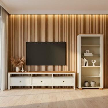 Imagem de Conjunto 2 Peças 1 Rack 210cm e 1 Estante em Madeira Maciça Ananda Cabecasa Madeiramadeira Off White/Mel