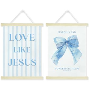 Imagem de Conjunto de 2 molduras para pôster Blue Bows Jesus, arcos azuis, decoração de parede cristã para dormitório, quarto, igreja, sala de oração, versículos bíblicos, inspiradores, pôster de arte de parede