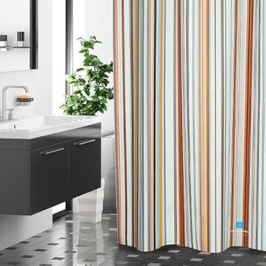 Imagem de onesevennine Cortina de chuveiro de designer coreana – Sem costura, resistente à água (180 cm L x 208 cm C) Várias listras – Inclui 12 ganchos de plástico para fácil configuração