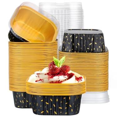 Imagem de EUSOAR Assadeiras com tampas, 100 peças de recipientes descartáveis de ramequins de folha de alumínio de 300 ml, copos quadrados de creme brulee, forros de cupcake, forros de muffin, mini bolos e pães
