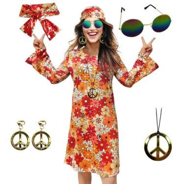 Imagem de Vestido de fantasia MRYUWB Hippie dos anos 70 com colar, brincos, ócul