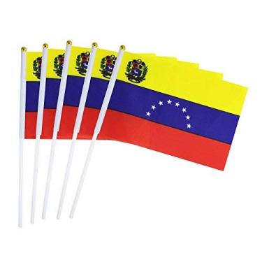 Imagem de Pacote com 25 mini bandeiras da Venezuela, bandeiras nacionais de país com vara redonda venezuelana, suprimentos de decoração de festa para desfiles, copa do mundo, eventos de festivais, festival