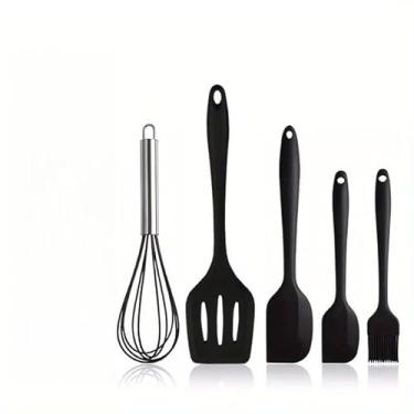 Imagem de Kit 5 Peças Utensílios de Cozinha Silicone Colher Espátula Fue Espátula Pequena Pincel(PRETO)