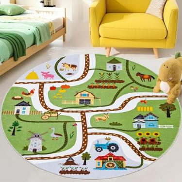 Imagem de Lacomfy Tapete infantil para brincar – Tapete redondo de animais de fazenda de 1,8 m para meninos, meninas, sala de jogos, sala de aula, mapa de estrada, colheita, tapete de pista de veículos para