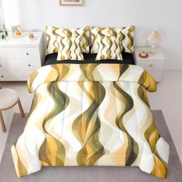 Imagem de Erosebridal Conjunto de edredom tamanho casal amarelo limão, boêmio, abstrato, listrado, para crianças, adolescentes e adultos, roupa de cama geométrica moderna minimalista com lençóis, colcha de arte