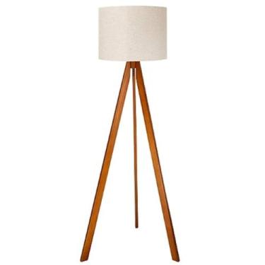 Imagem de Abajur De Chão Piso Coluna Canto Sala Madeira Moderna Base Amadeirado Cupula Linho Claro
