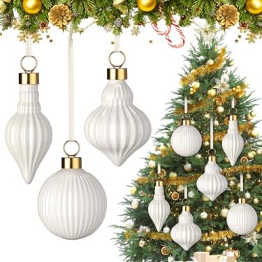 Imagem de Soulchen 3 peças de enfeites de bola de cerâmica de Natal brancos diferentes tamanhos de porcelana penduradas bolas de Natal decorativas DIY enfeites de pendurar para festa de árvore de Natal