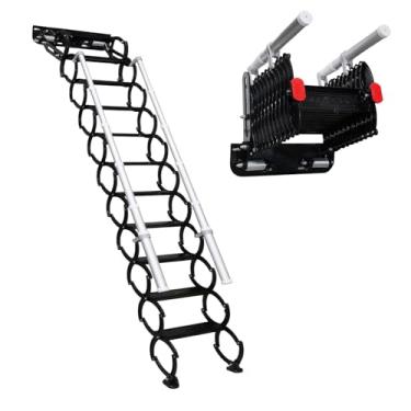 Imagem de Escada dobrável montada na parede com corrimões, sistema de puxar para baixo, escada telescópica no sótão, 12 pedais, sótão, porão, armazém, escada dobrável de passagem (preta, 11 degraus)