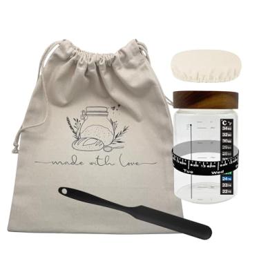 Imagem de NOAHIAN Conjunto de potes artesanais para iniciantes – pote de vidro com faixa de medição, tampa de madeira e capa de lona – espátula longa + bolsa de armazenamento com cordão – Presente de Natal para