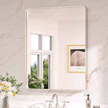 Imagem de Keonjinn Espelhos de banheiro de níquel escovado de 71 x 91 cm para pia, espelho retangular arredondado prateado para banheiro, espelho de fazenda para parede, vidro temperado HD, espelho de liga de