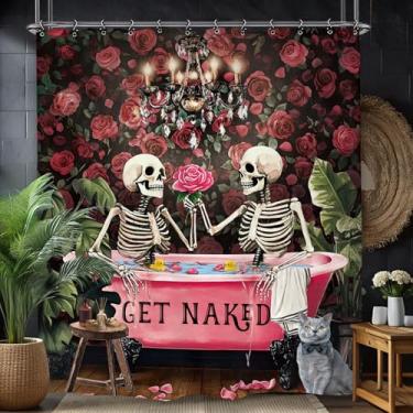Imagem de Yookeb Cortina de chuveiro de esqueleto de caveira gótica 152 cm por 188 cm vintage, romântica, engraçada, rosa, retrô, flor, Halloween, terror, poliéster, tecido, 12 ganchos de plástico, à prova