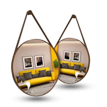 Imagem de Espelho Redondo de Parede com Alça de Couro - Decorativo para Sala, Quarto e Banheiro - Design Artesanal - Inclui Kit Montagem (Kit 2 40cm - Café)