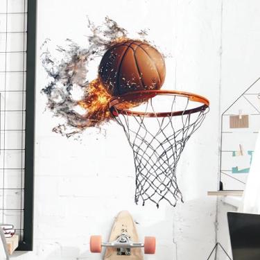 Imagem de sacinora Adesivos de parede esportivos para cesta de basquete, adesivos de parede de arte de fogo de basquete removíveis de vinil para quarto de bebê, sala de jogos, decorações de casa