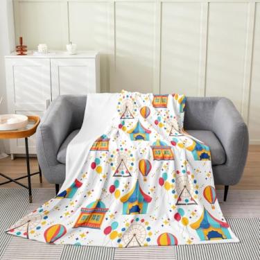 Imagem de Cobertor de flanela infantil circo, balões de ar quente, cobertor de cama gigante para meninos e meninas, cobertor de lã com tema infantil de parque de diversões, cobertor felpudo azul amarelo