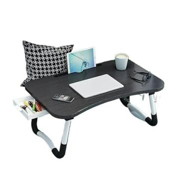 Imagem de Mesa portátil dobrável com gaveta, adequada para escritórios domésticos, estudo, sala de jantar ou uso ao lado da cama, com suportes para copos, fabricada em MDF. (PRETA COM GAVETA)