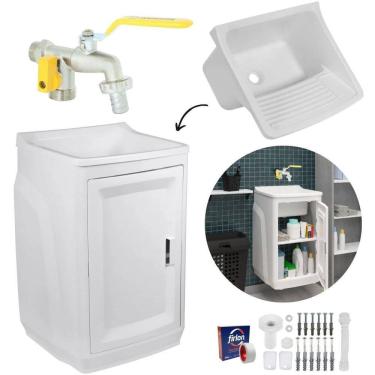 Imagem de Gabinete Lavanderia Branco + Torneira Metal + Veda Rosca