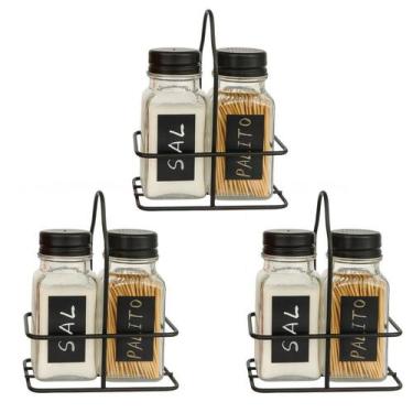 Imagem de Kit 3 Jogo Saleiro e Paliteiro de Vidro com Suporte de Aço Preto Em Ca