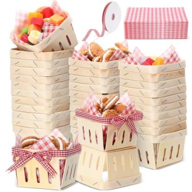 Imagem de Vesici 61 unidades/30 conjuntos de cesta de madeira com folhas de papel encerado, fita guingão, 10 x 10 cm, mini cesta de exibição para chá de bebê de mirtilo, presente de festa de aniversário (xadrez