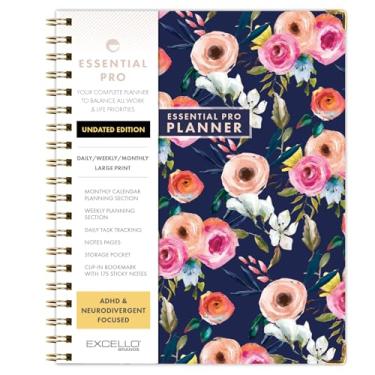 Imagem de ESSENTIAL PRO Agenda diária, semanal e mensal sem data, abas mensais, rastreamento diário, páginas de notas, bolso de armazenamento, marcador de página com notas adesivas (floral marinho pequeno)