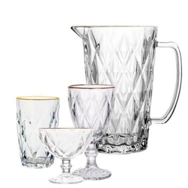 Imagem de Jarra, Taça Agua e Sobremesa e Copo 19pç Diamond Fio de Ouro Lyor