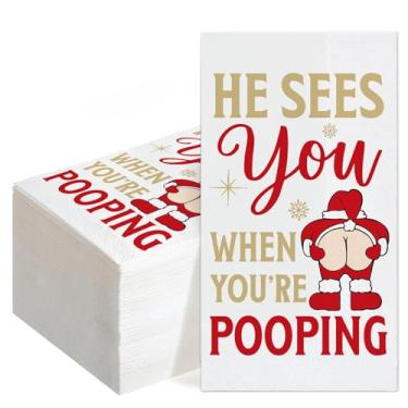Imagem de Decorações engraçadas de banheiro de Natal, ele vê você quando você está cocô toalhas de papel para convidados, 50 peças de toalhas de mão descartáveis para banheiro guardanapos de convidados