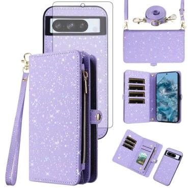 Imagem de Asuwish Capa de celular para Google Pixel 8 Pro 5G com zíper carteira magnética destacável com protetor de tela de vidro temperado e compartimento de glitter com suporte para celular Pixel8Pro Pixel8