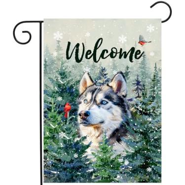 Imagem de Welcome Winter Garden Flags Husky Garden Flag Cardinal Birds on Snowy Pine Tree Flag Dog Yard Flags for Outside 12x18 Dupla Face Decoração de Natal