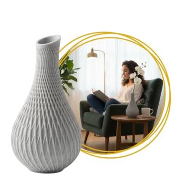 Imagem de Vaso Decorativo Texturizado Branco Mármore em Plástico 15x8cm Moderno Resistente e Leve para Flores e Arranjos, Ideal para Sala e Escritório