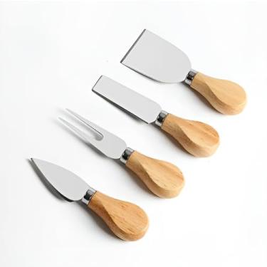 Imagem de Kit Gourmet para Queijo 4 Peças em Aço Inox com Cabo de Bambu Faca, Garfo e Espátulas para Cortar e Servir Queijos Variados Conjunto para Queijo Linha Premium