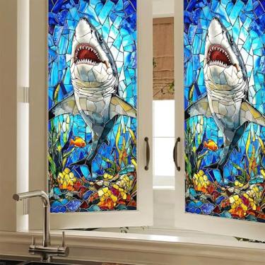 Imagem de HOMETITUTE Película para janela de vitral de tubarão 17,7 x 39,3 polegadas tema oceano decorativo privacidade decalque de vinil adesivo adesivo de janela de vida marinha para banheiro, cozinha